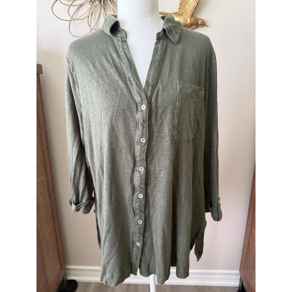 Chicos XL 100% Linen Olive Green Tunic Shirt Roll Tab Sleeve Casual Top
